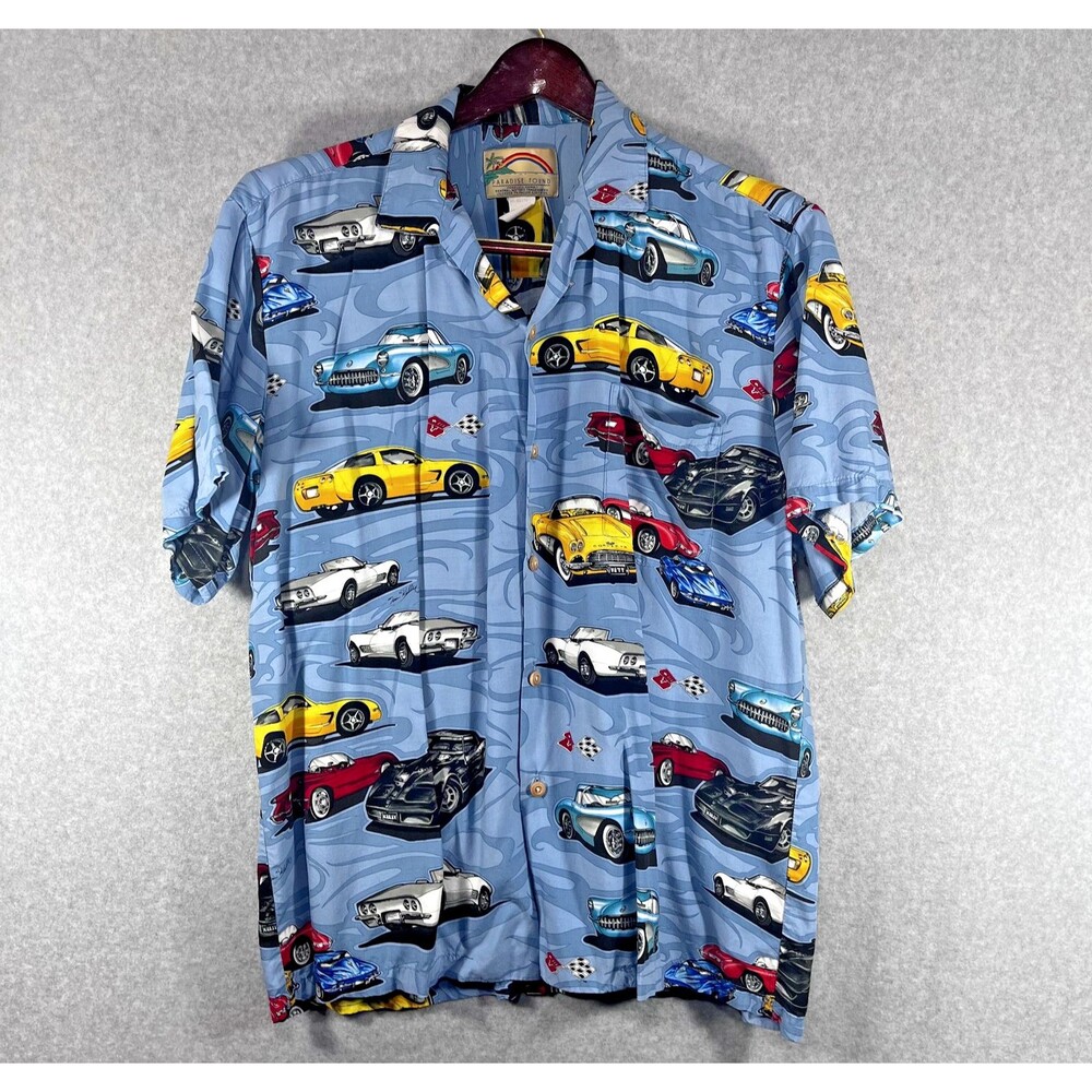 Paradise Found Corvette Shirt Mens Large Hawaiian Button Up Classic Cars READ‎